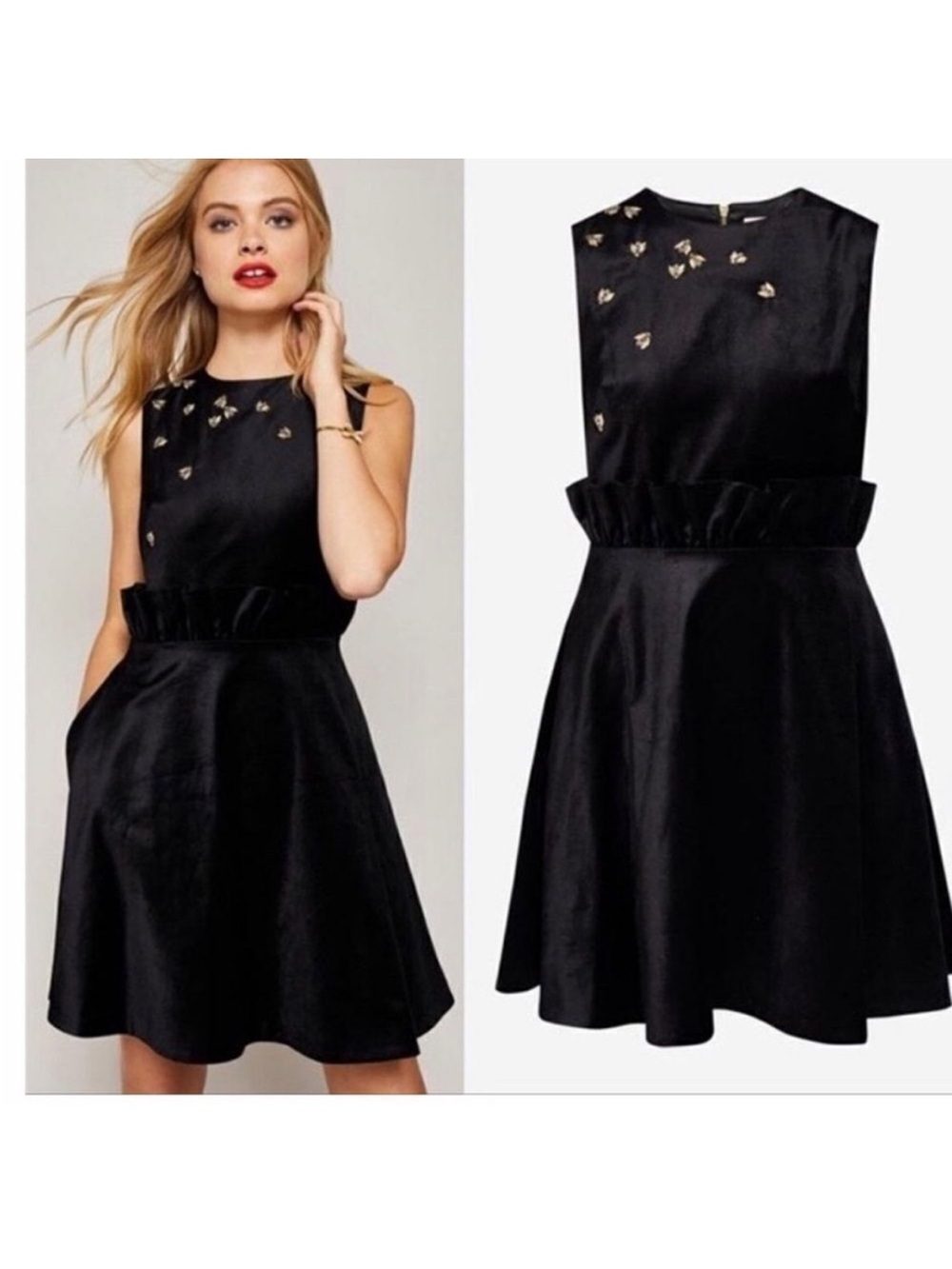 Ted Baker Black Sleeveless Ruffle-Waist Mini Dress with Gold Accents